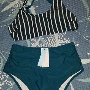 CUPSHE Highwaist Bikini Swimsuit Set - Teal & White - Size: Medium